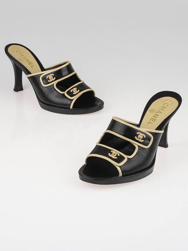Chanel Black Leather CC Open-Toe Sandals Size 6.5/37