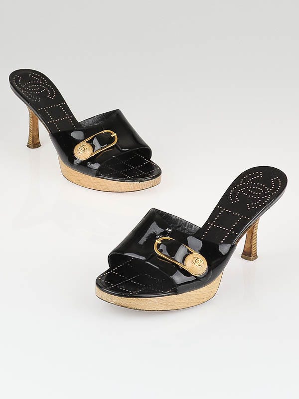 Chanel Black Leather Perforated Wooden Slide Sandals 6.5/37 - Yoogi's Closet