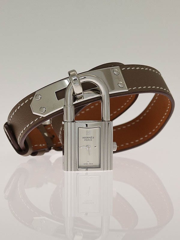 Hermes Etoupe Leather and Stainless Steel Kelly Double Tour Watch