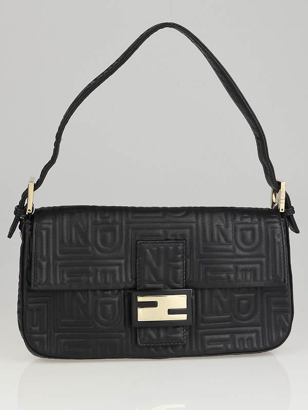 Fendi Black Logo Embossed Nappa Leather Baguette Bag 8BR600