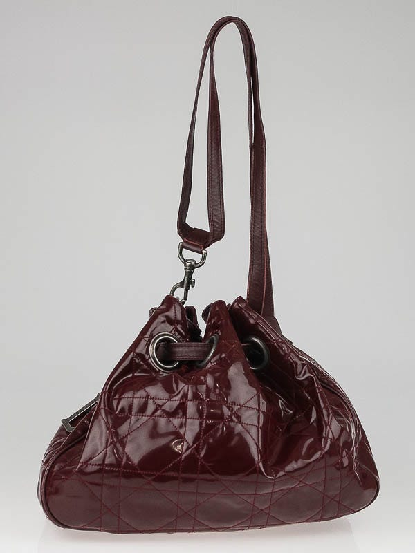 Christian Dior Rouge Bordeaux Cannage Quilted Patent Leather Medium Drawstring Tote Bag