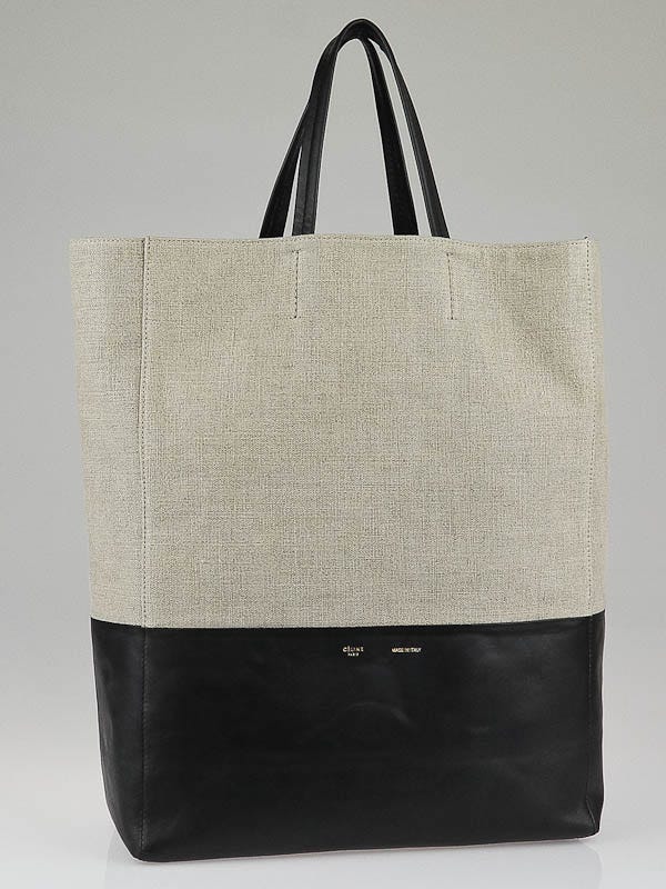 Celine Natural Linen Black Lambskin Leather Bi-Cabas Vertical Tote Bag