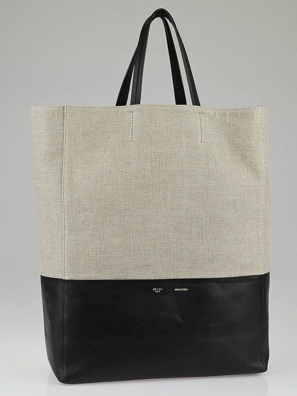 Celine Natural Linen Black Lambskin Leather Bi-Cabas Vertical Tote Bag ...