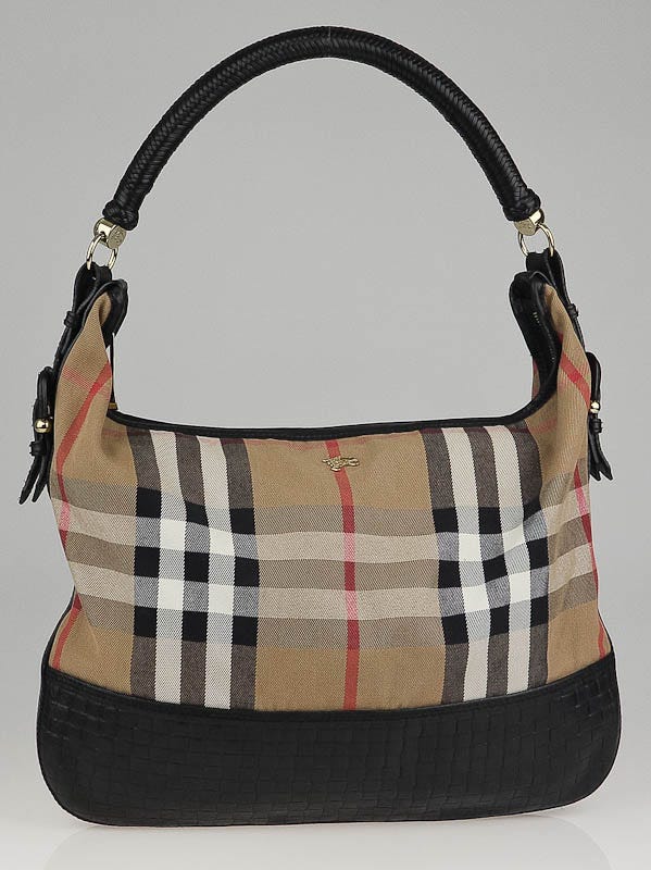 Burberry House Check Canvas and Black Woven Leather Shoulder Bag