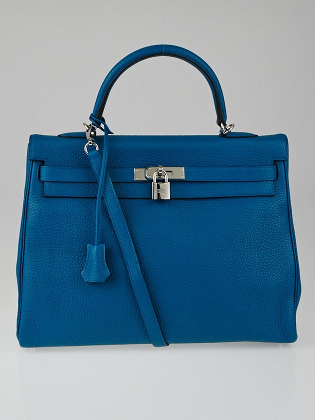 Hermes 35cm Blue Izmir Clemence Leather Palladium Plated Kelly Retourne Bag