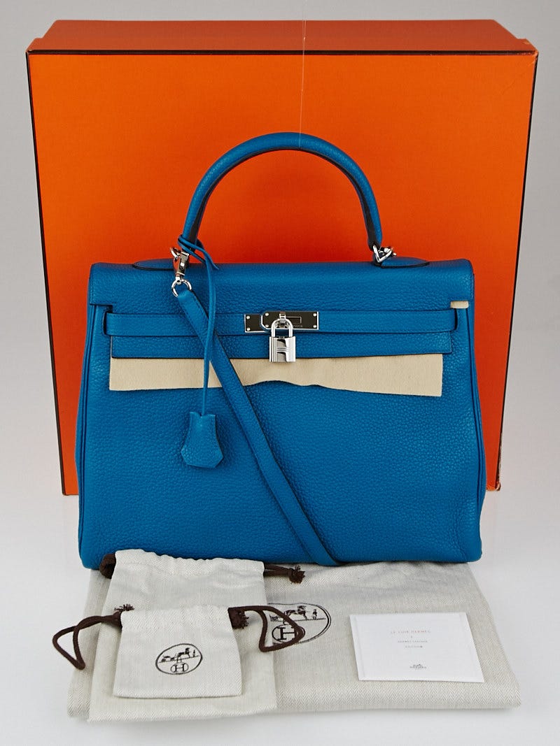 Hermes 35cm Blue Izmir Clemence Leather Palladium Plated Kelly