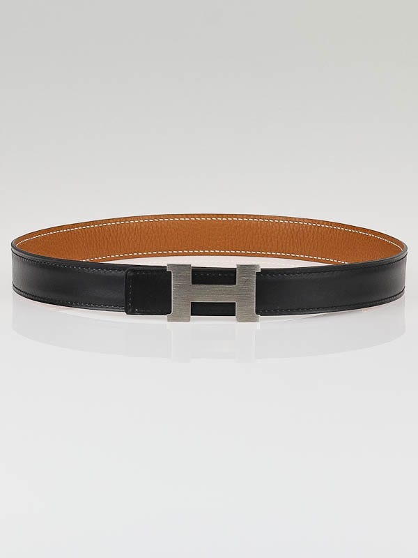 Hermes 24mm Black Box/Gold Togo Leather Brushed Palladium Plated Constance H Belt Size 65