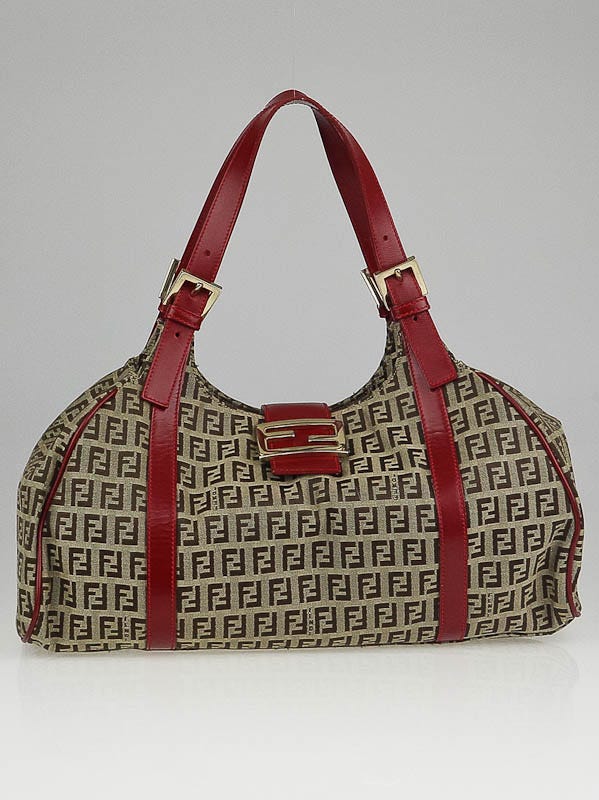 Fendi Beige/Red Printed Zucchino Fabric and Leather Small Forever