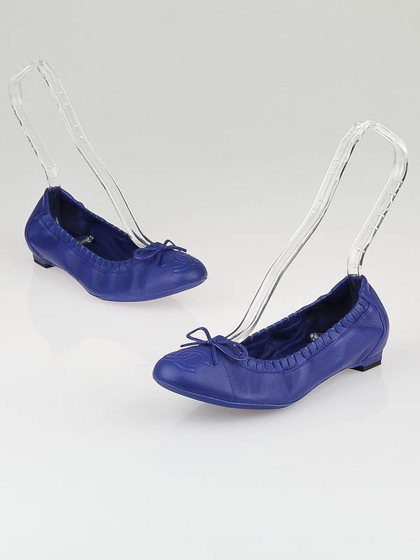 Chanel Royal Blue Leather CC Scrunch Elastic Ballet Flats Size 6.5/37