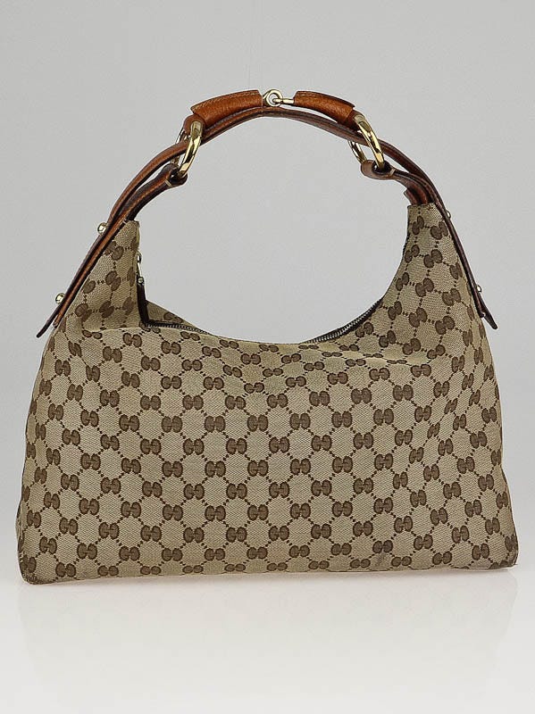 Gucci Beige/Brown GG Canvas Chain Medium Horsebit Hobo Bag