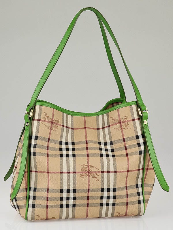 Burberry Green Leather Haymarket Check Coated Canvas Small Tote Bag
