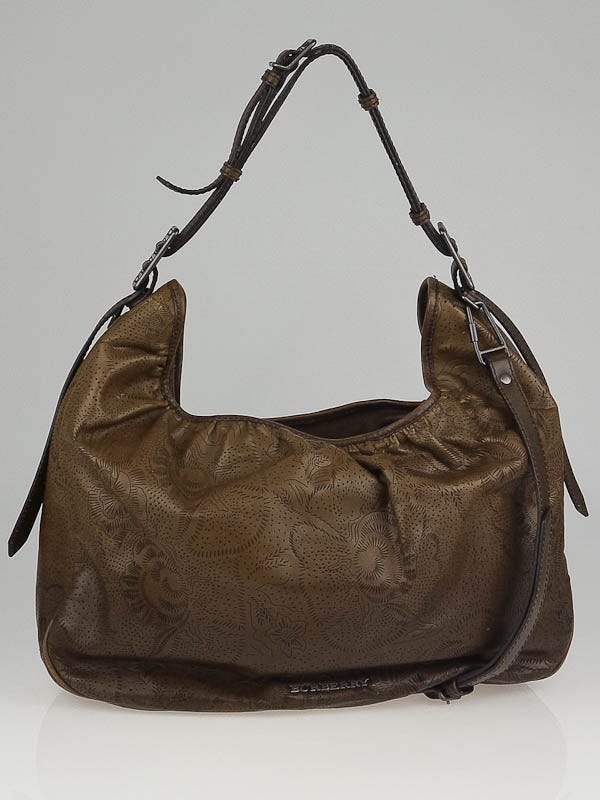 Burberry Brown Floral Perforated Leather Avondale Large Hobo