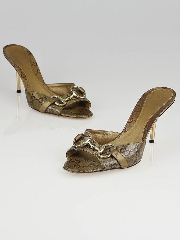 GUCCI ゴールド ミュール 35C Gucci Gold Crystal Coated Canvas Horsebit Slide Mules Size 6.5B