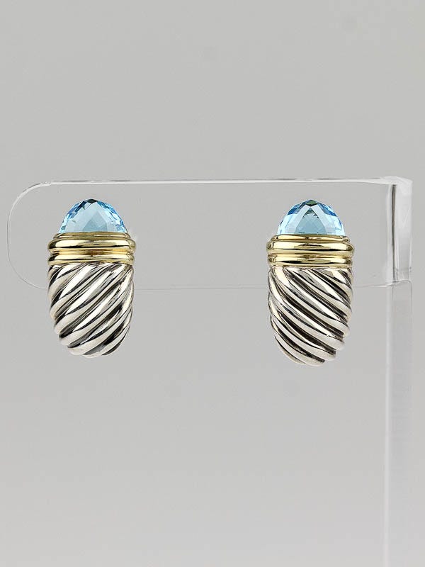 David Yurman 18k Gold and Sterling Silver Cable Blue Topaz Earrings