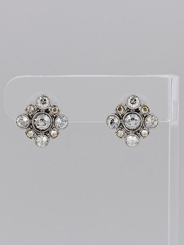 Chanel Silver Crystal CC Logo Stud Earrings