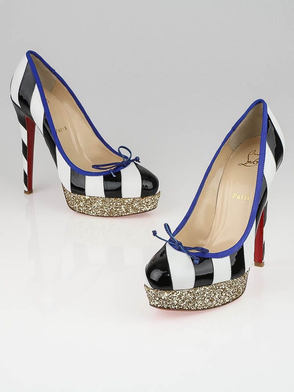 Christian Louboutin Black/White Striped Patent Leather Foraine 140 Pumps Size 8.5/39