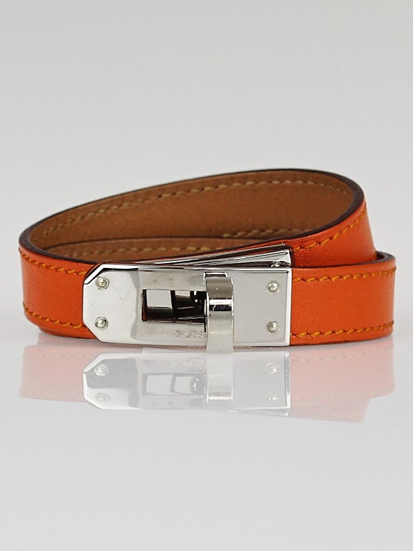 Hermes Orange Chamonix Leather Palladium Plated Kelly Double Tour Bracelet Size S
