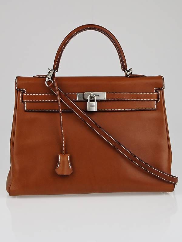 Hermes 35cm Natural Barenia Leather Brushed Palladium Plated Kelly Retourne  Bag - Yoogi's Closet