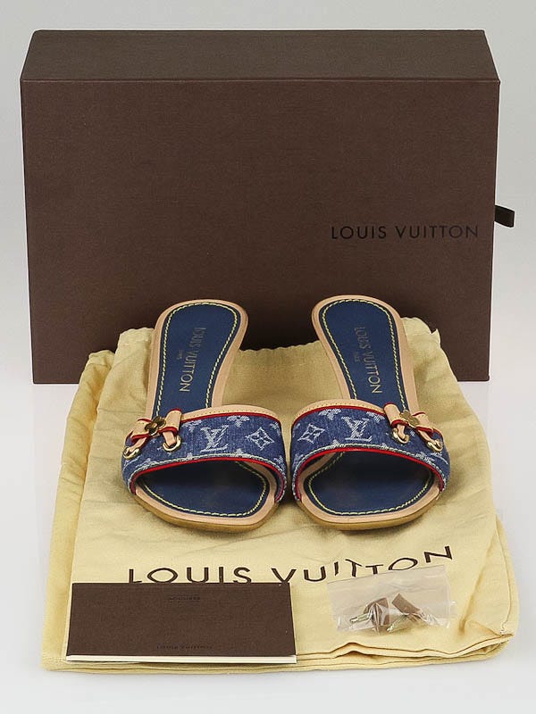 Louis Vuitton Blue/Beige Monogram Denim and Leather Bow Detail Slides Sandals Size 37