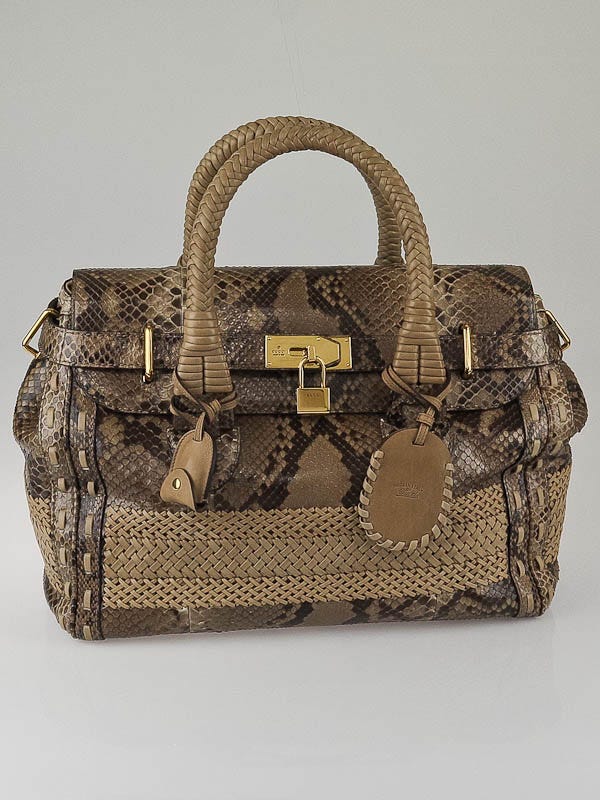 Gucci Brown Python  and Woven Leather Handmade Large Top Handle Bag