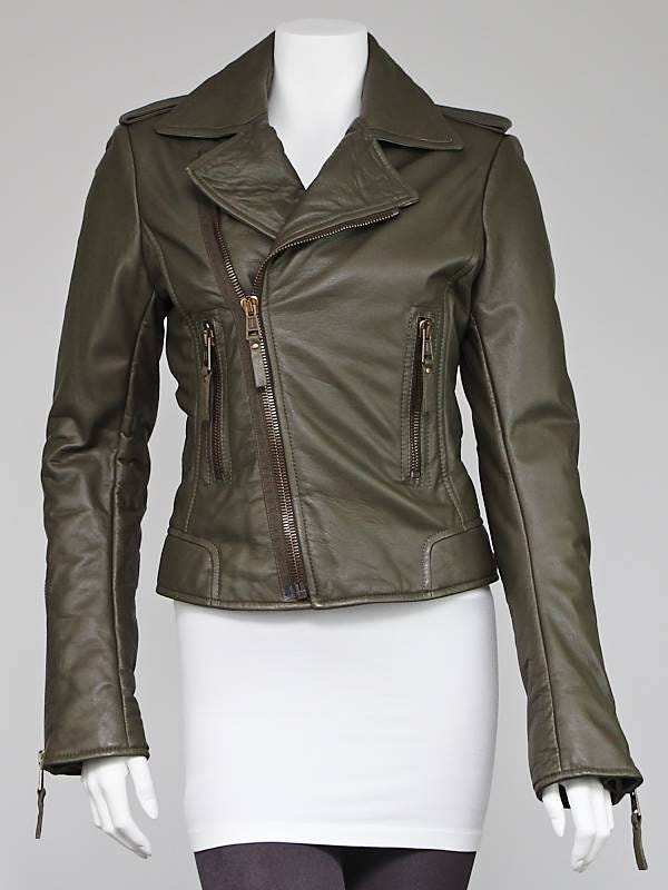 Balenciaga Olive Lambskin Leather Classic Biker Jacket Size 10/42