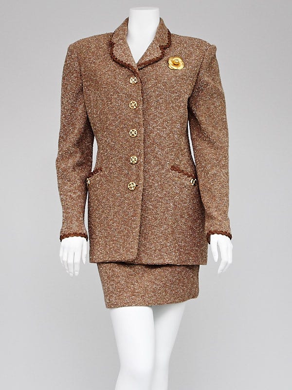 St. John Brown Wool Tweed Boucle Knit Suit Size 6