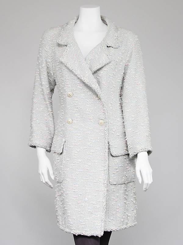 Chanel White Multicolor Tweed Sequin Double Breasted Coat Size 8/40