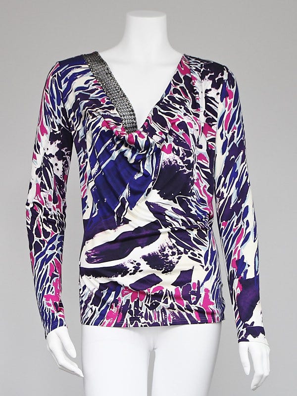 Emilio Pucci Multicolor Silk/Nylon Animalier Commessa Long Sleeve Top Size 10