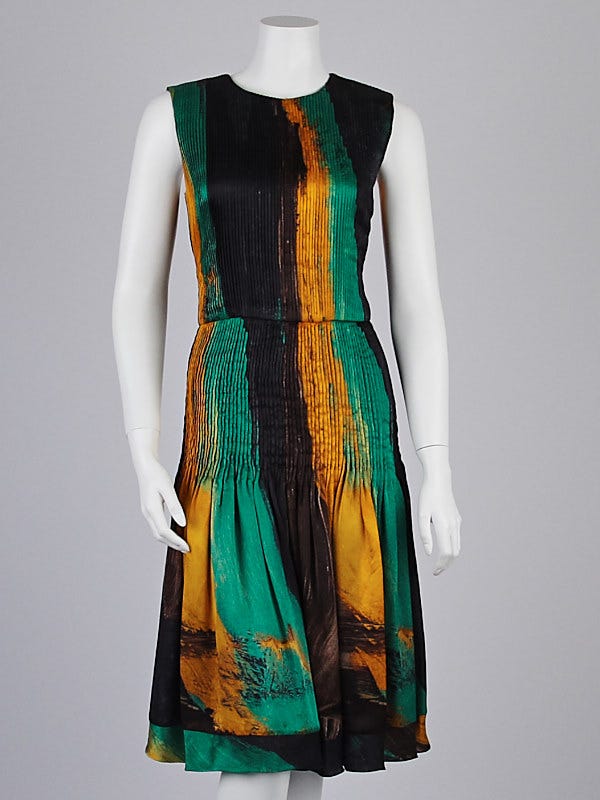 Oscar de la Renta Cactus Stripe Silk Pleated Flounce Sleeveless Dress Size 6