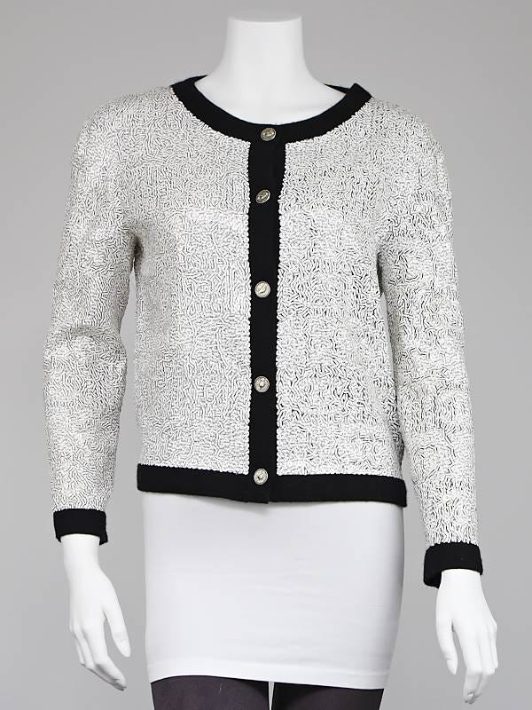 Chanel White Printed Sequin Cardigan Size 12/44