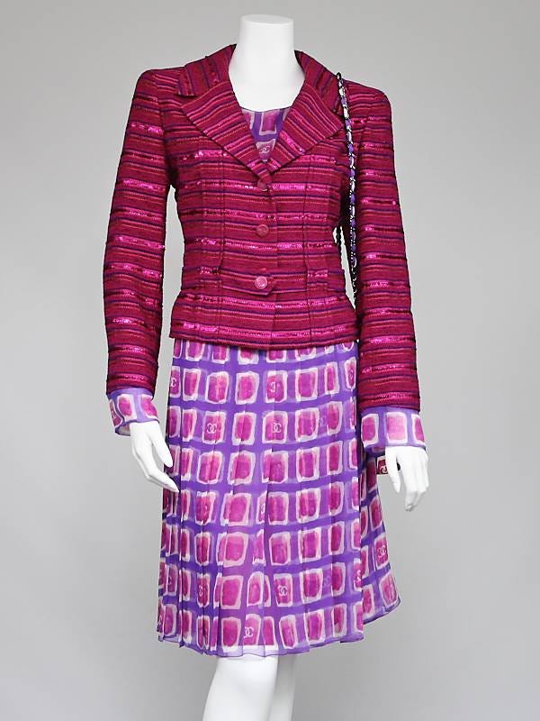 Chanel Purple Tweed/Sequin Jacket with Matching Silk Skirt Suit Set and Flap Bag Size 10/42
