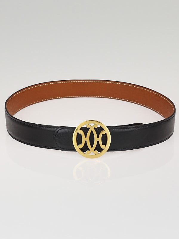 Hermes Gold Tone H Belt on Black Leather Reversible Size 70 at