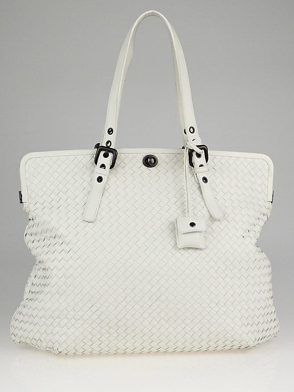 Bottega Veneta White Intrecciato Woven Nappa Leather Plume Frame Tote Bag