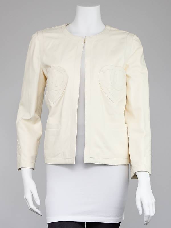 Chanel Off White Lambskin Leather Heart Detail Jacket Size 10/42