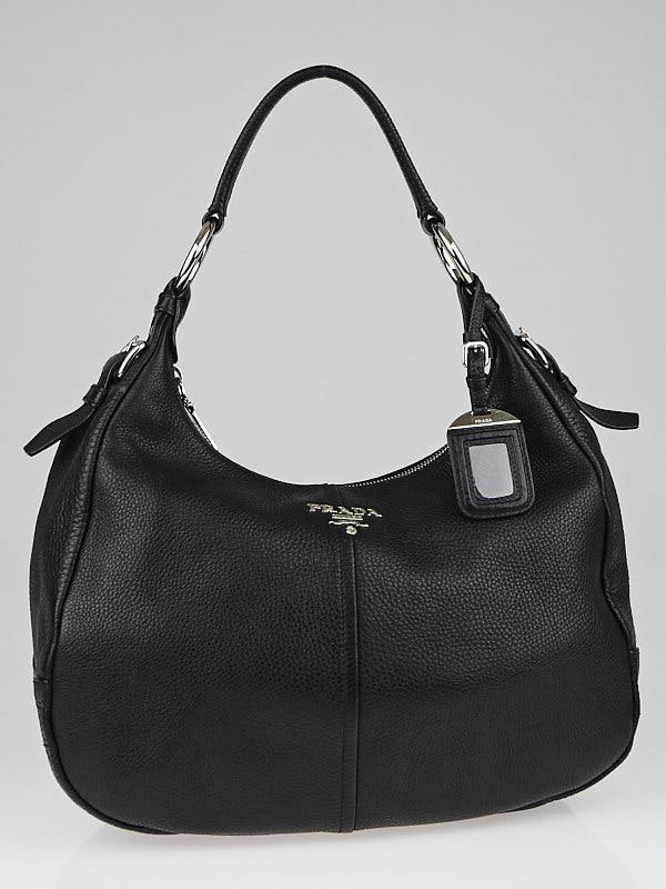 Prada Black Vitello Daino Leather Zip Top Hobo Bag