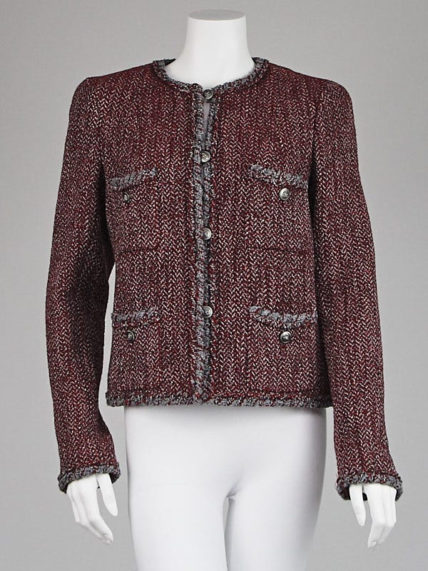Chanel Red/Grey Tweed Fabric Jacket Size 12/44