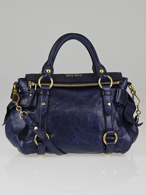 Miu Miu Blue Leather Vitello Lux Leather Bow Top Handle Bag For