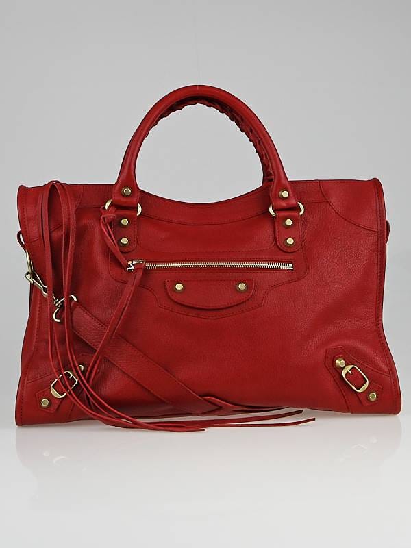 Balenciaga Rouge Grained Chevre Leather Holiday Motorcycle City Bag