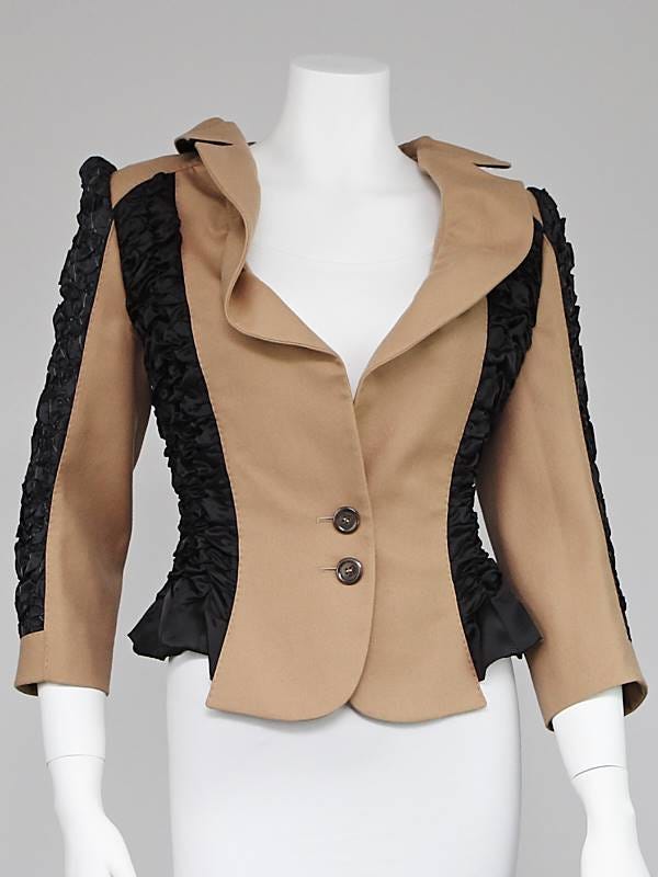 Louis Vuitton Beige Wool and Black Gathered Smock Jacket Size 10/42