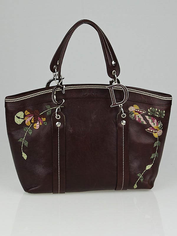 Christian Dior Vintage Brown Leather Tote Bag with Embroidery