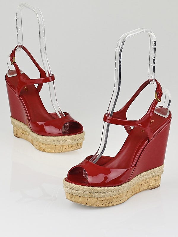 Gucci Red Microguccissima Patent Leather Hollie Wedges Size 7.5/38