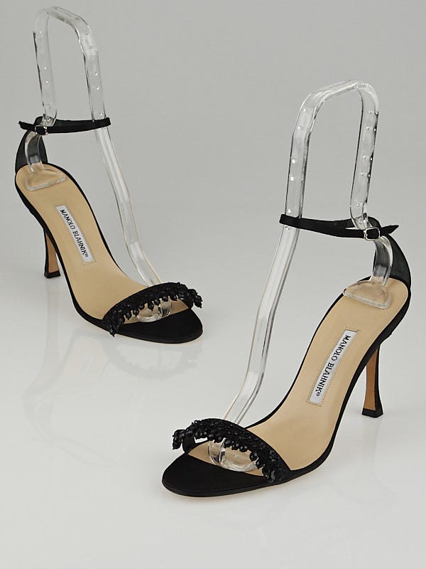 Manolo Blahnik Black Satin Beaded Ankle Strap Sandals Size