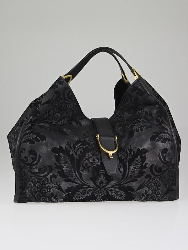 Gucci Black Brocade and Leather Soft Stirrup Shoulder Bag