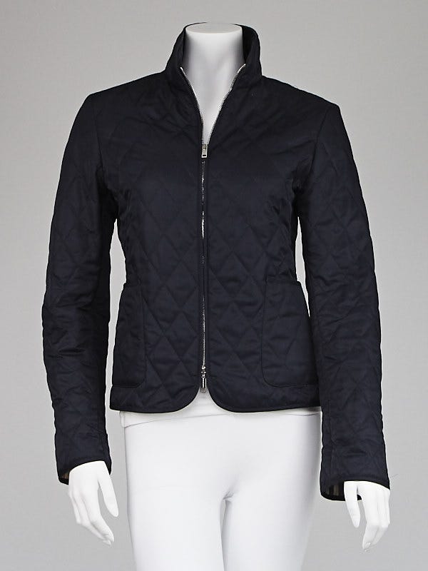Burberry London Navy Blue Quilted Fabric Zip-Front Jacket Size S 