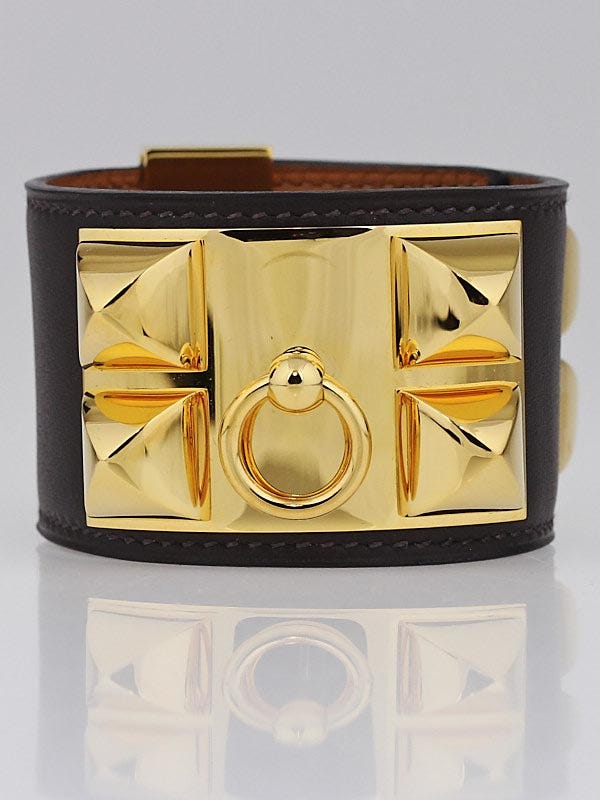 Hermes Chocolate Swift Leather Gold Plated Collier de Chien Cuff Bracelet Size S