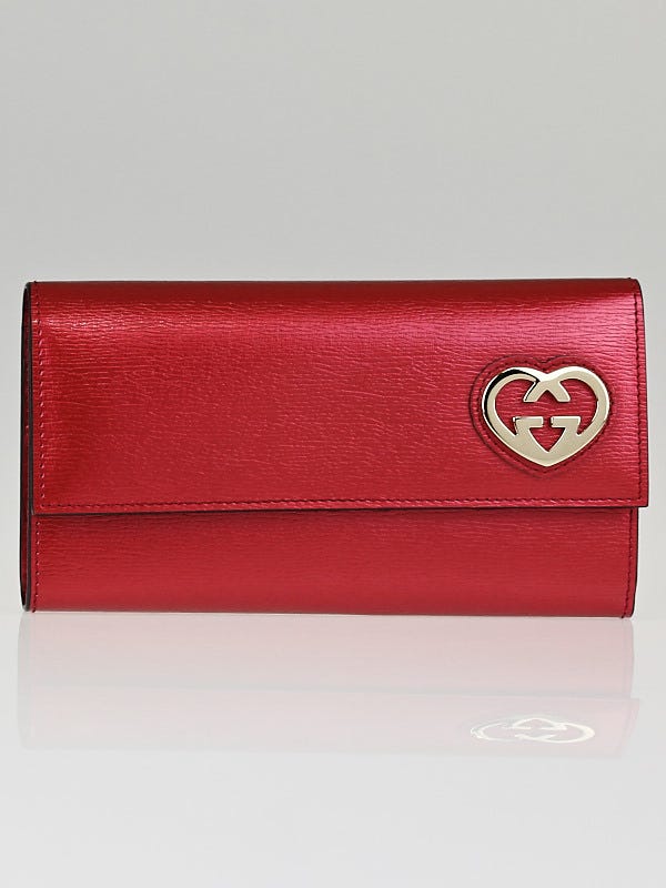 Gucci Red Shiny Leather Interlocking G Heart Flap Wallet