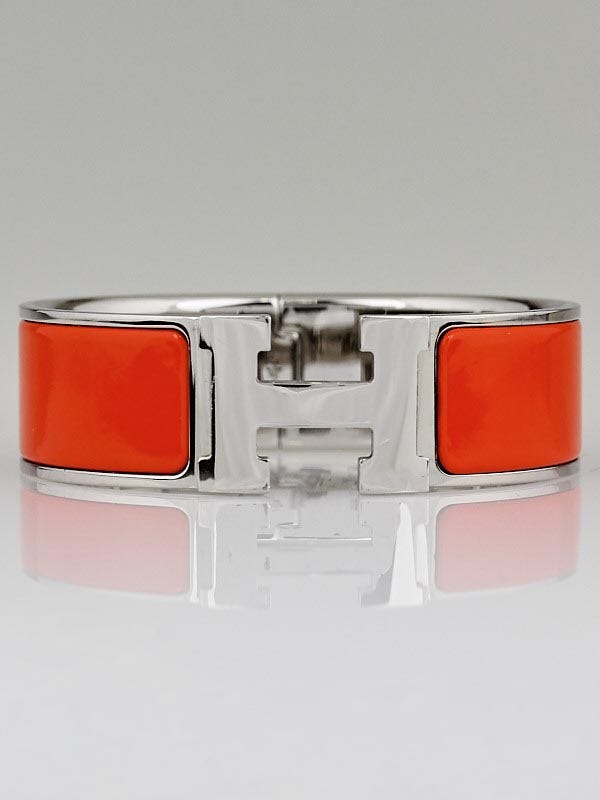 Hermes Orange Enamel Palladium Plated Clic-Clac H GM Wide Bracelet