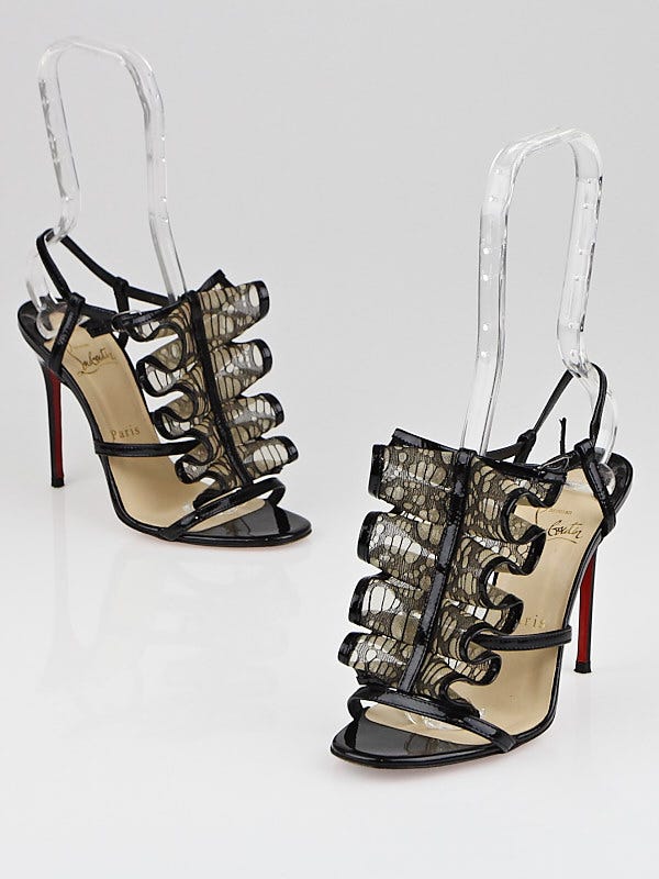 Christian Louboutin Black Patent Leather Lace Fortitia 100 Sandals Size 5/35.5