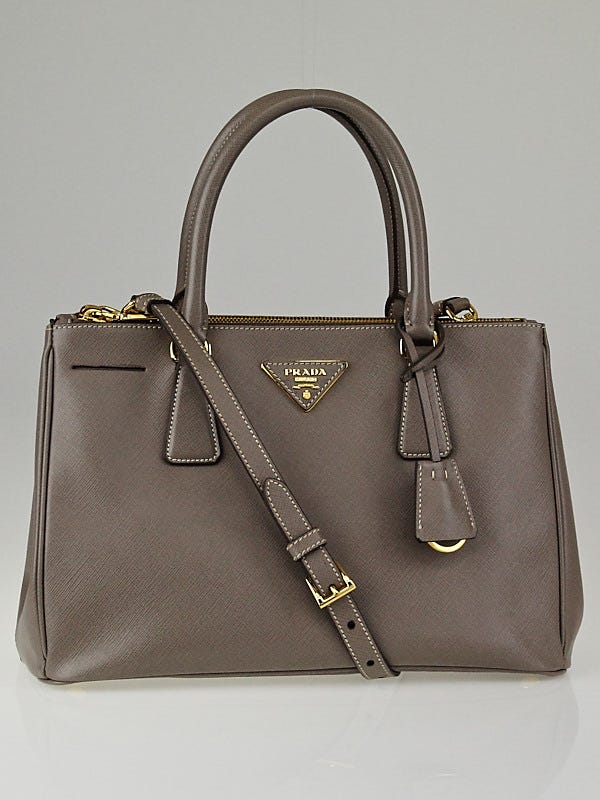Prada Argilla Saffiano Lux Leather Double Zip Small Tote Bag BN1801