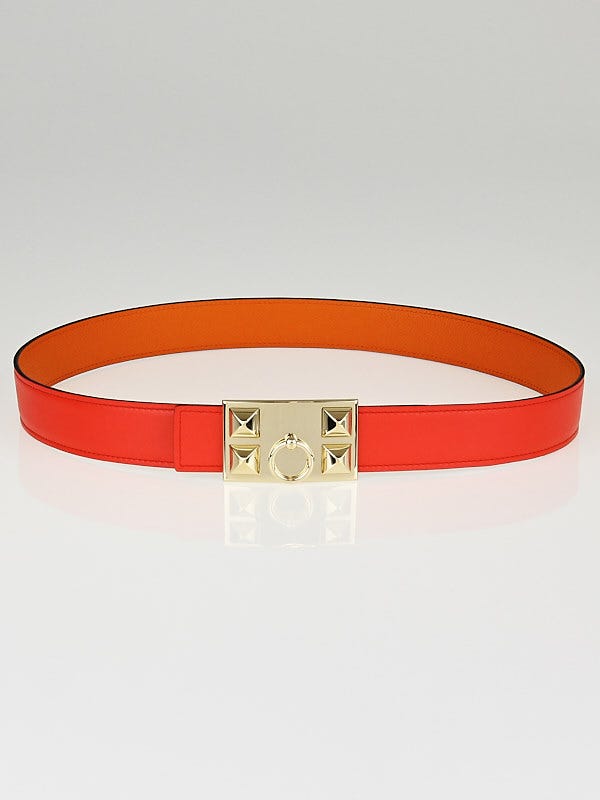 Hermes 32mm Orange/Capucine Epsom/Swift Leather Gold Plated Collier de Chien Reversible Belt Size 85